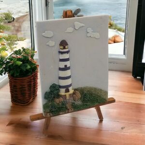 Nautical Lighthouse Ceramic Plaque on Wooden Easel Purple Stripes